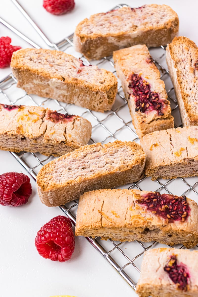 several pieces of biscotti on a cooling rack