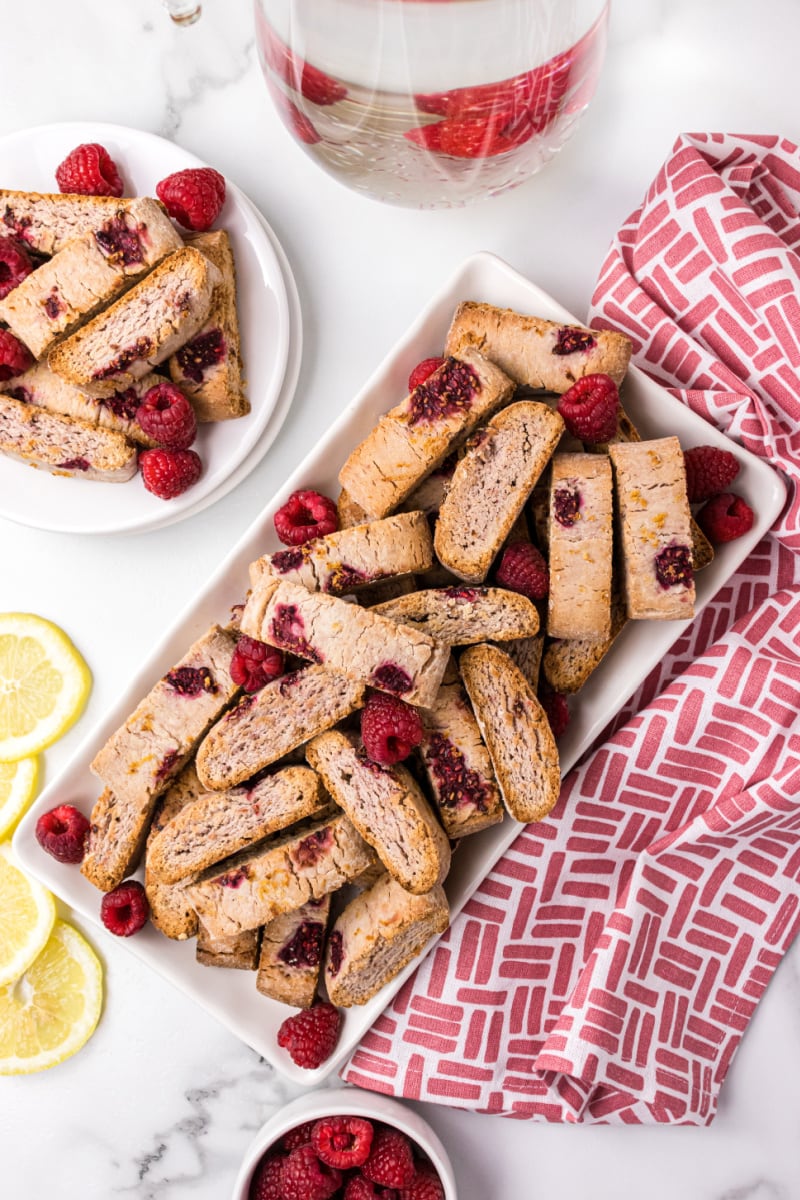 raspberry lemonade biscotti on a platter