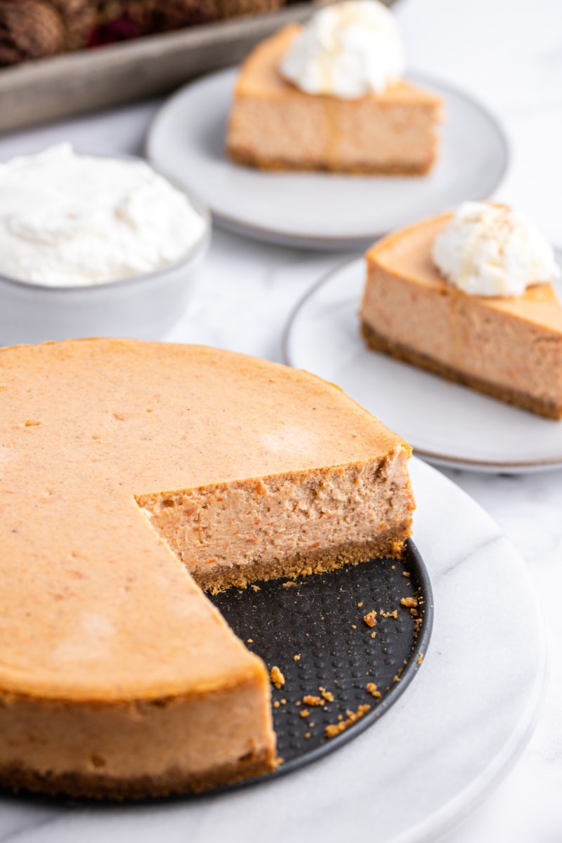 sweet potato cheesecake with slice taken out of it