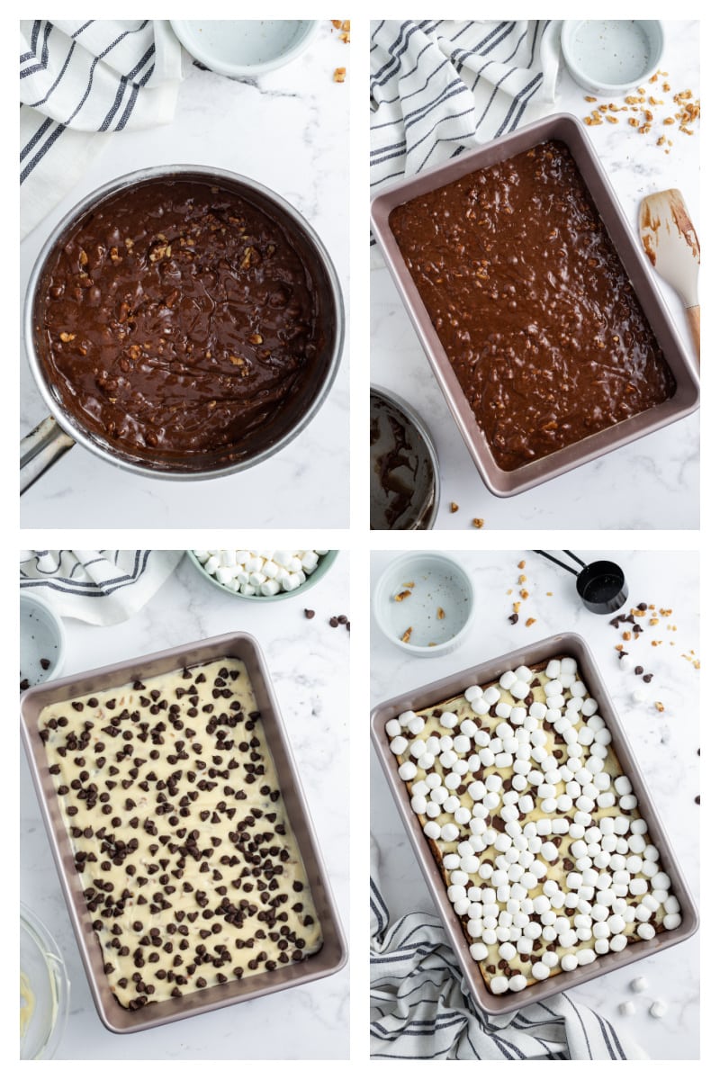 four photos showing how to make rocky road fudge bars