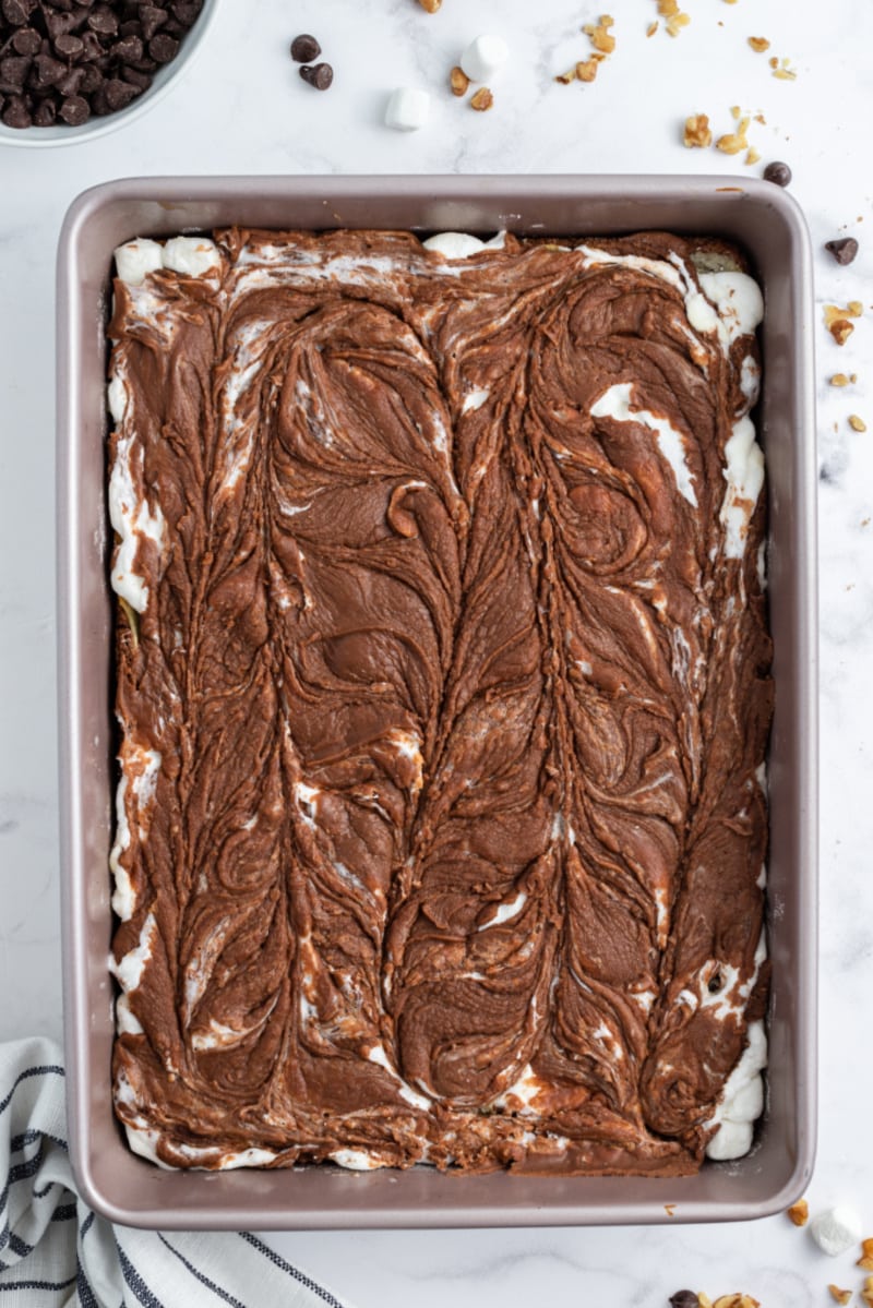 rocky road fudge bars in a pan