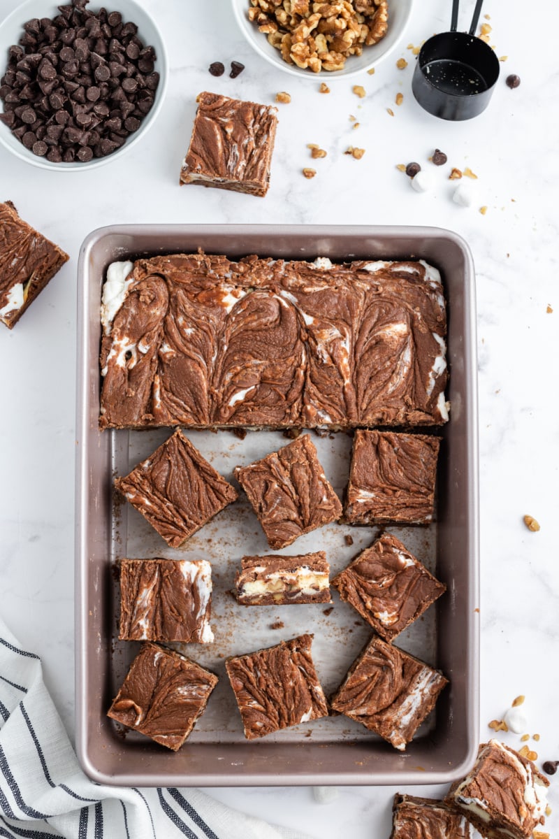 rocky road fudge bars cut into squares and still in pan