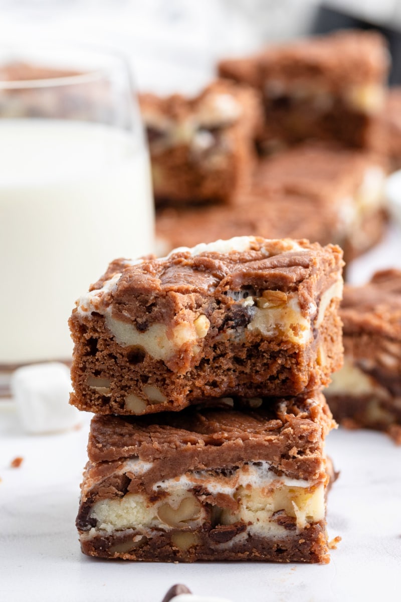 stack of two rocky road fudge bars with bite taken out of top bar