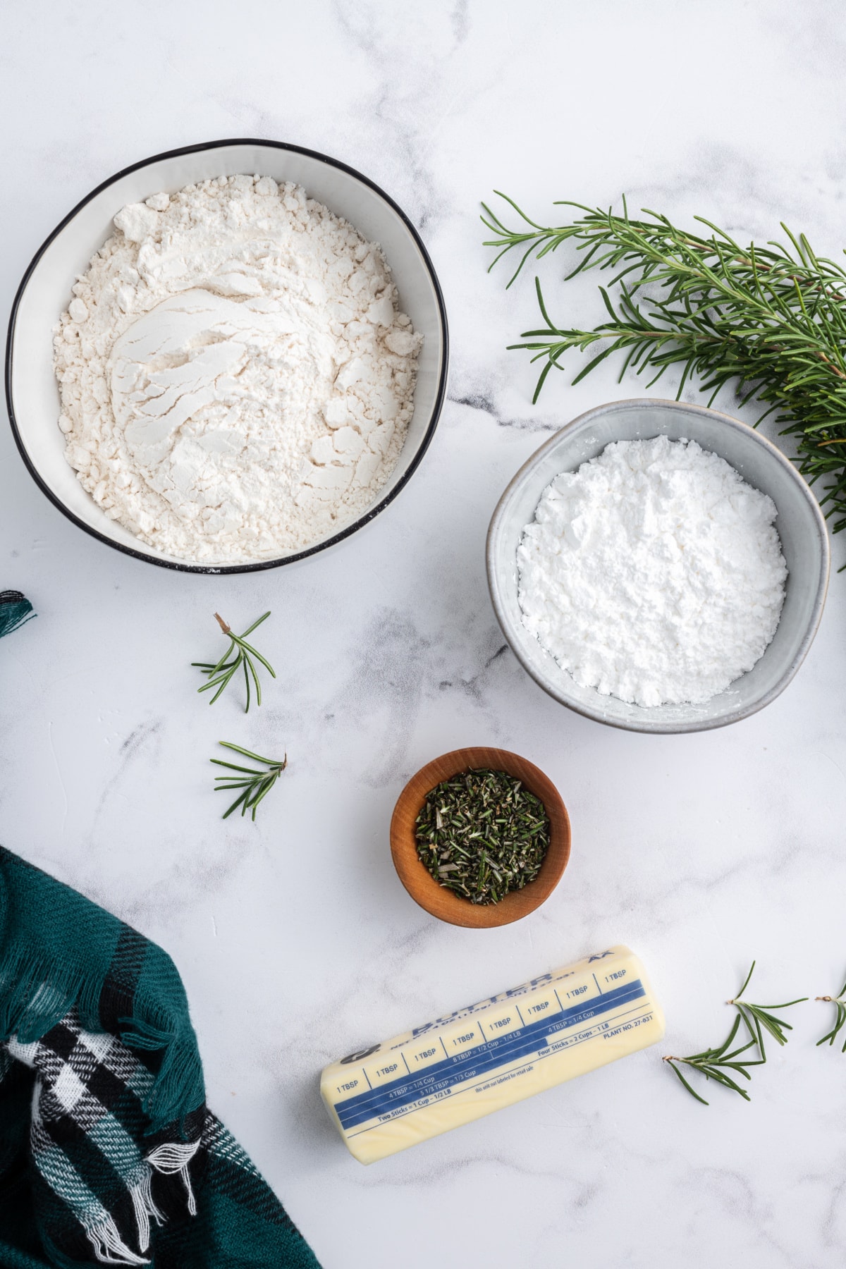 ingredients displayed for making rosemary shortbread cookies