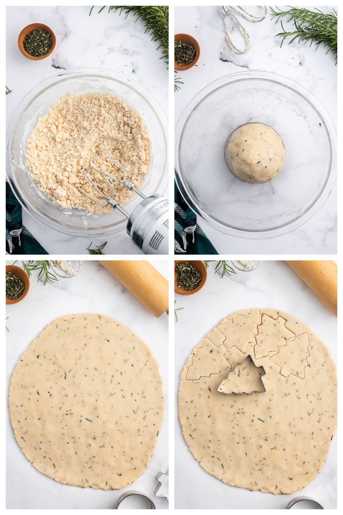 four photos showing how to make rosemary shortbread cookies