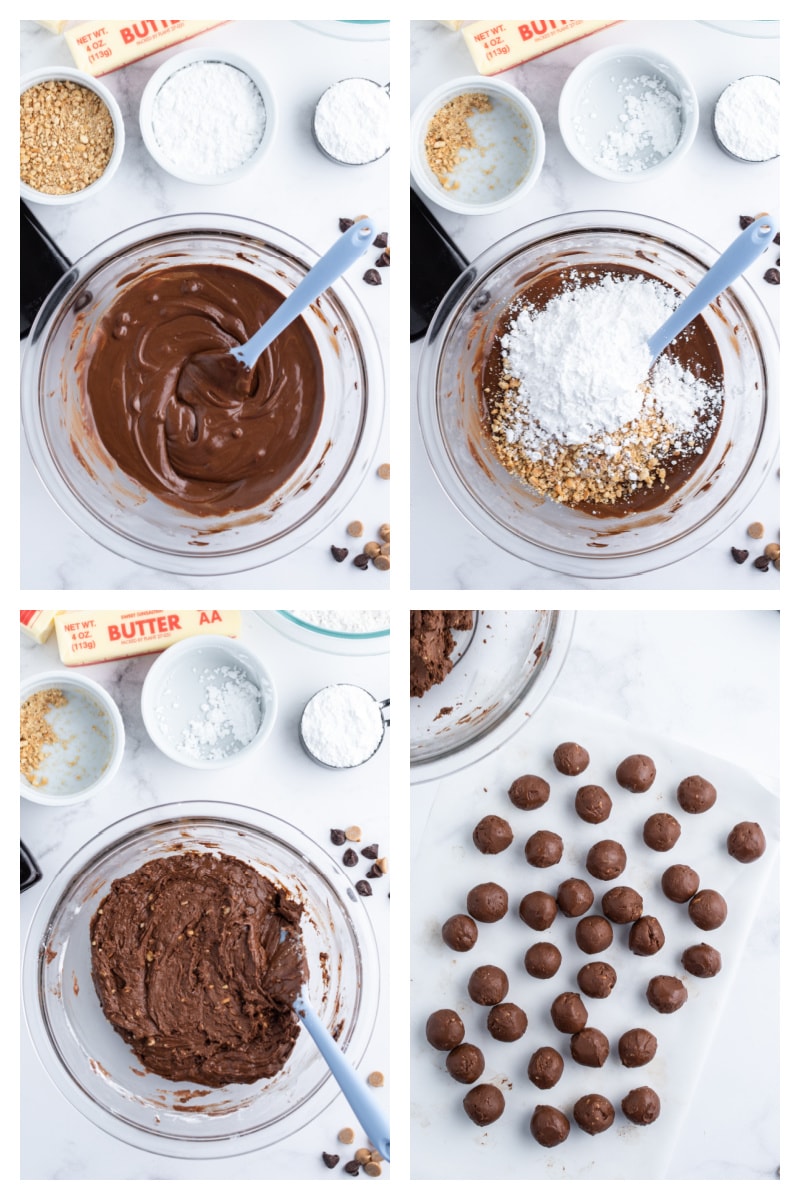 four photos showing chocolate cookie dough and then rolling into balls.