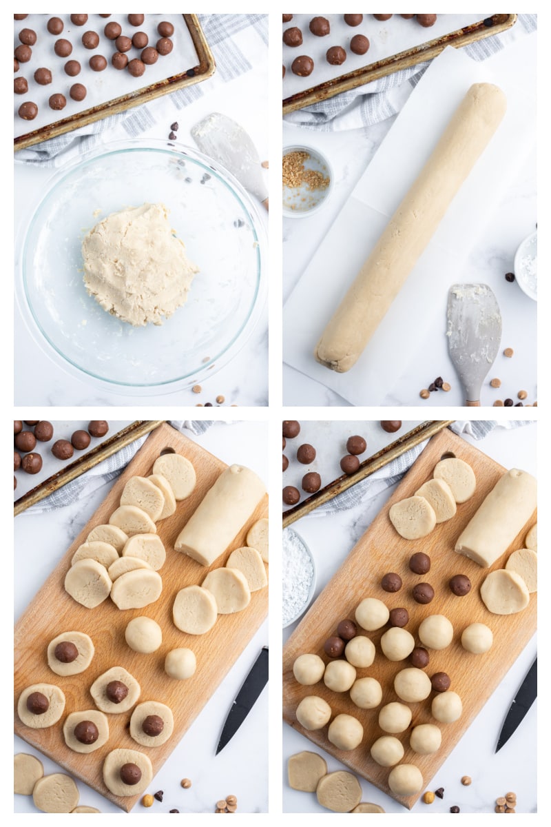 four photos showing making cookie dough and shaping it into chocolate snowballs