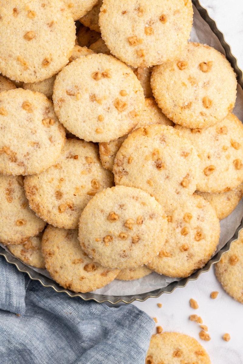 sparkling butter toffee cookies on platter