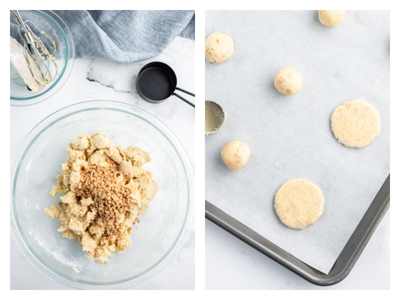 two photos showing cookie dough in bowl and cookie dough on baking sheet