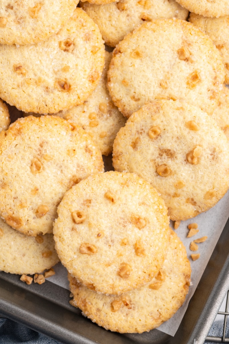 sparkling butter toffee cookies on baking sheet