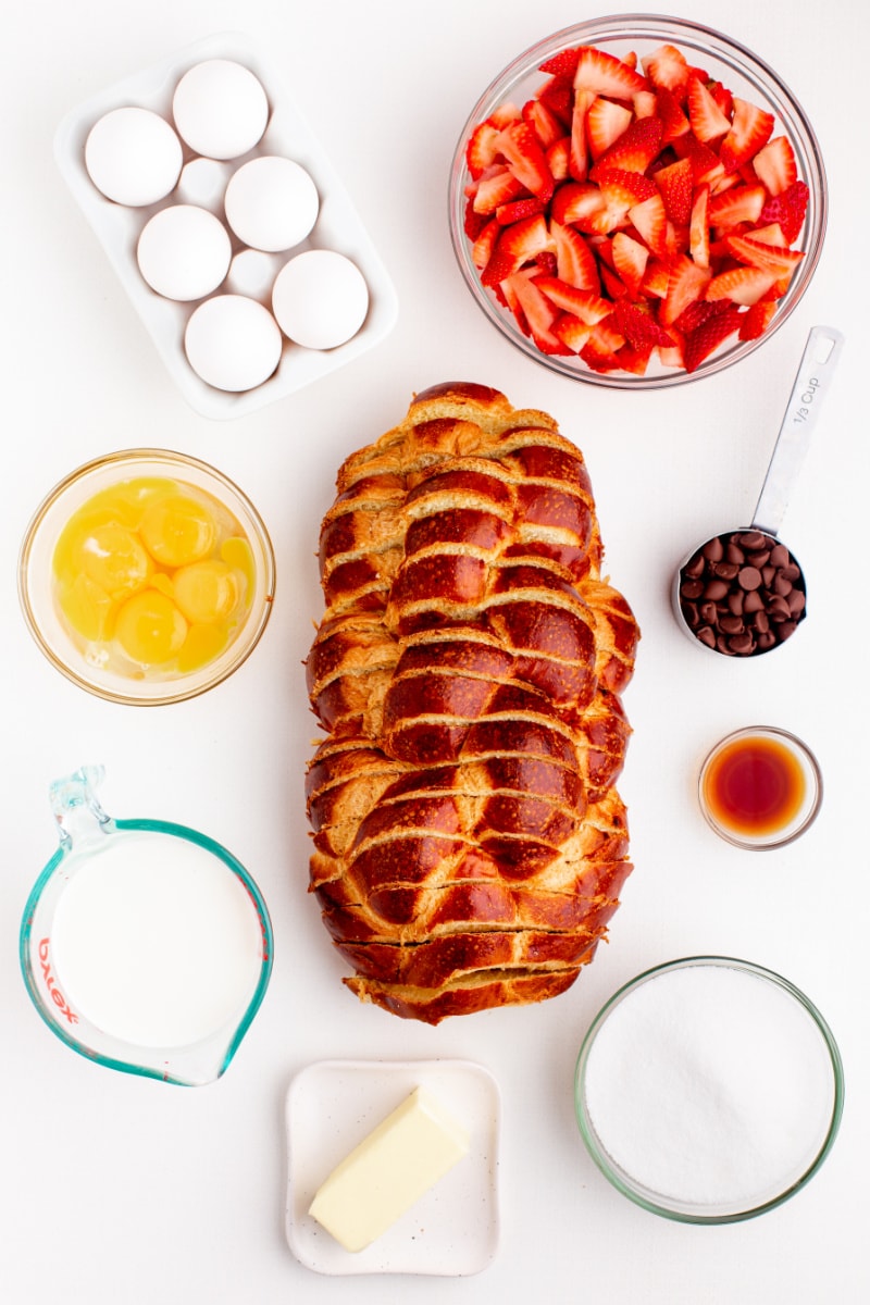 ingredients displayed for making strawberry chocolate chip bread pudding