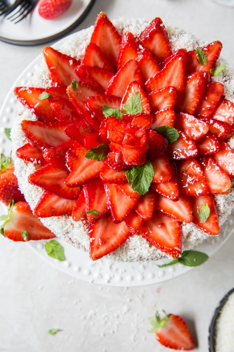 overhead shot of strawberry coconut cheesecake