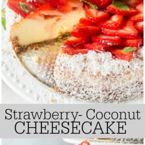 pinterest collage image for strawberry coconut cheesecake