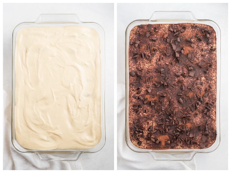 two photos of tiramisu, one plain and one with chocolate shavings on top