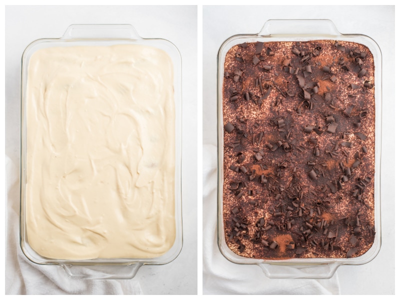 two photos of tiramisu, one plain and one with chocolate shavings on top