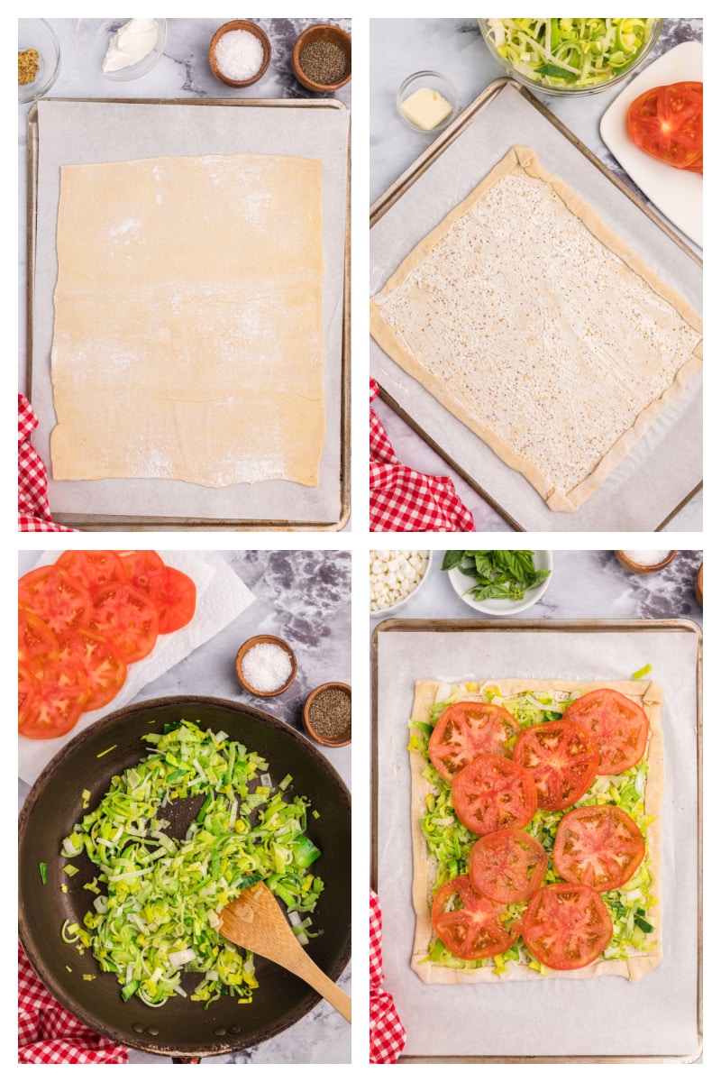 four photos showing how to make tomato and goat cheese tart