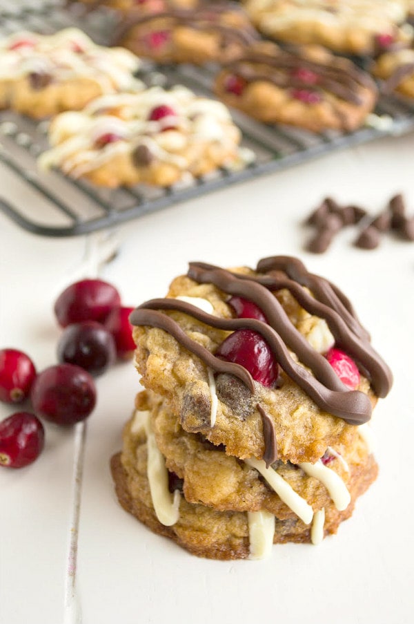 Triple Chocolate Cranberry Oatmeal Cookies Recipe - from RecipeGirl.com