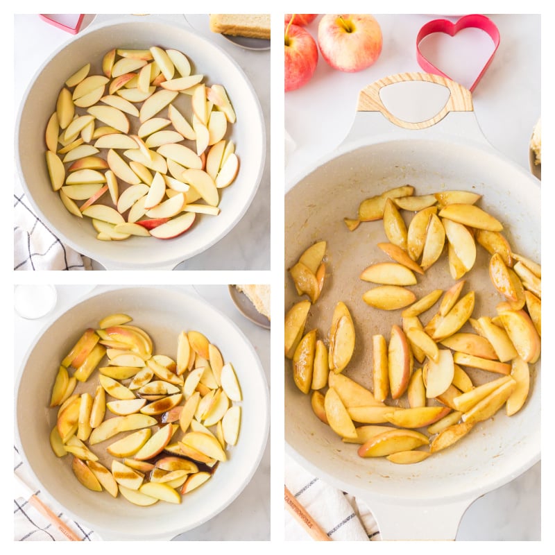 three photos showing how to make vanilla apples in a skillet