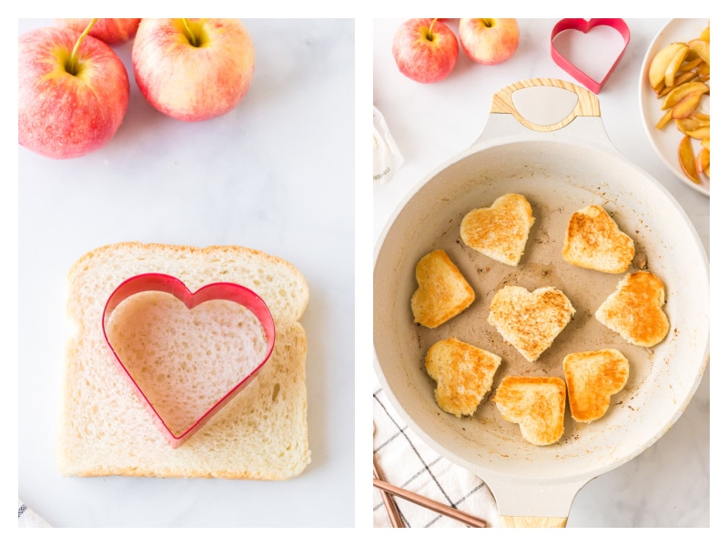 heart cutter with bread and heart shaped bread toasting in pan