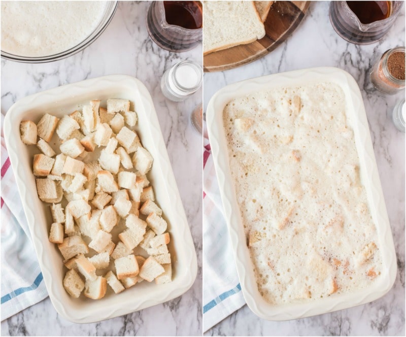 showing process of making maple custard bread pudding - bread cubes in pan and then custard on top