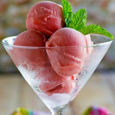 martini glass filled with three scoops of watermelon sorbet garnished with fresh mint leaf sprig. colorful pink and green patterned cloth napkin displayed underneath.