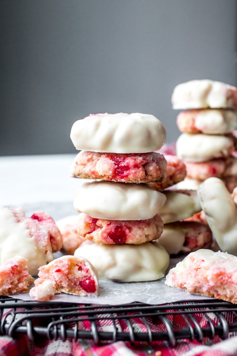 stack of white chocolate cherry shortbread cookies