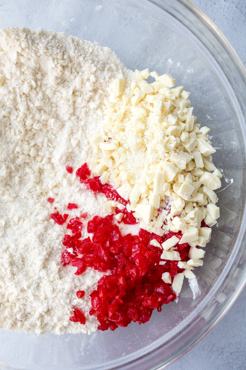 ingredients in bowl for making cherry shortbread cookies