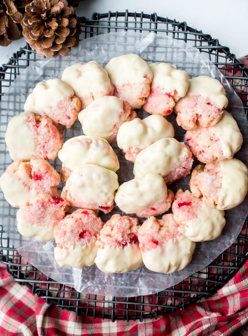 white chocolate cherry shortbread cookies on a platter