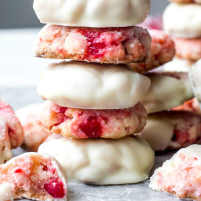 stack of white chocolate cherry shortbread cookies
