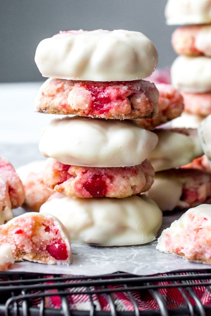 stack of white chocolate cherry shortbread cookies