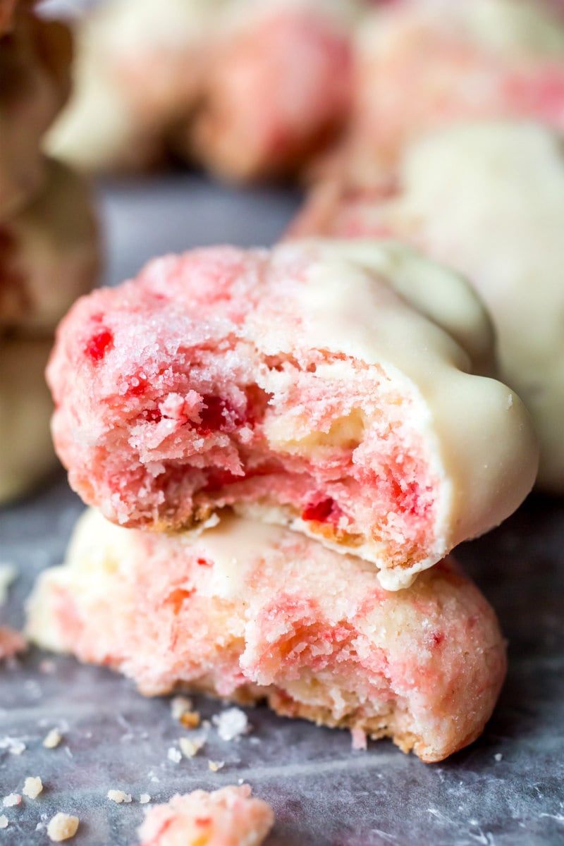 bite out of a white chocolate cherry shortbread cookie