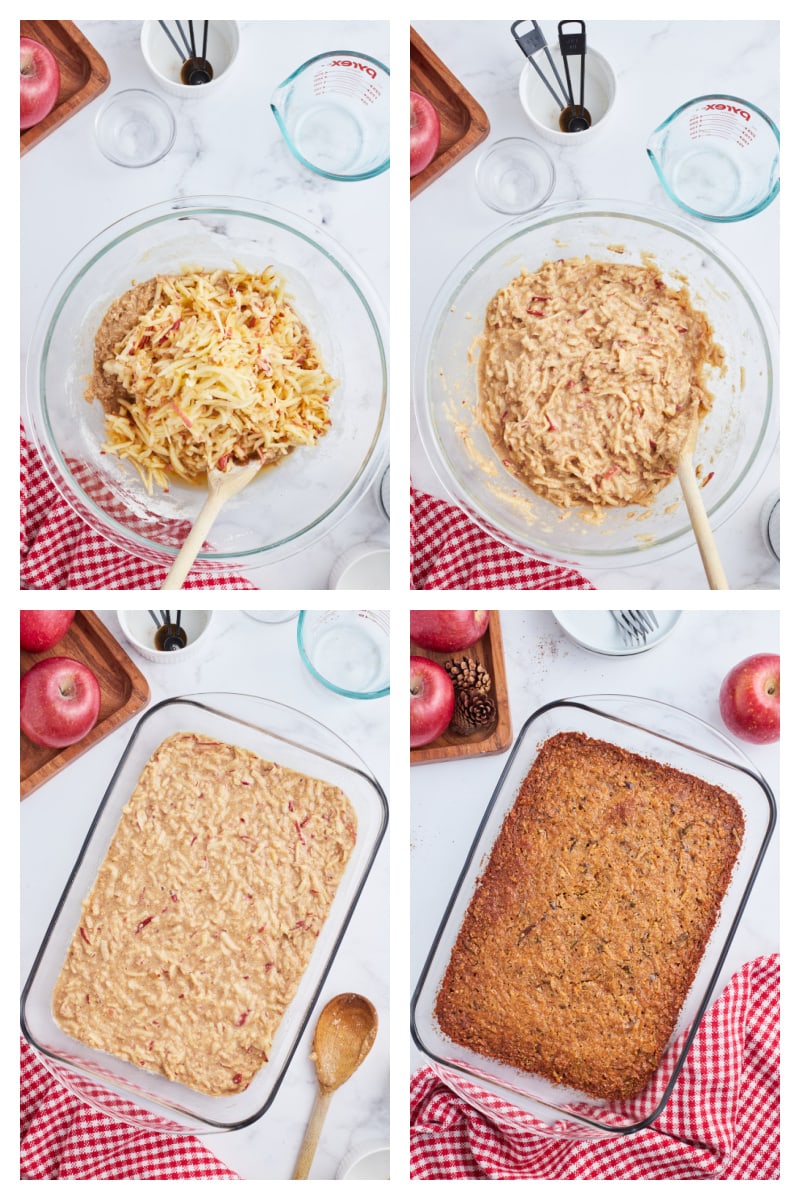 four photos showing how to make whole grain apple cake