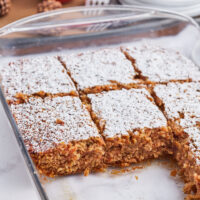 whole grain apple cake in baking pan sliced into pieces