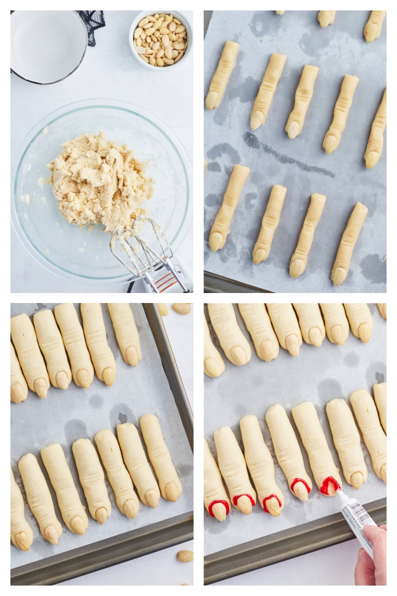 four photos showing how to make witch finger cookies