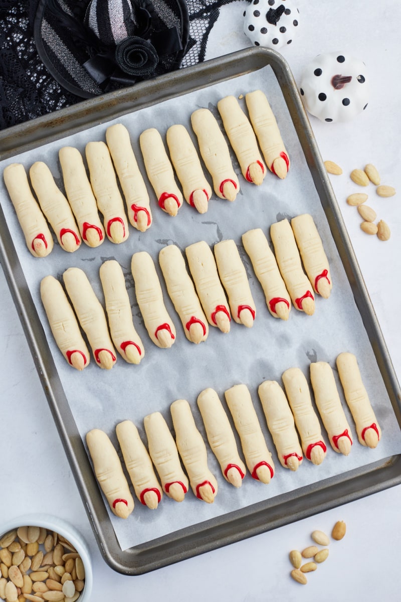 witch finger cookies on baking sheet