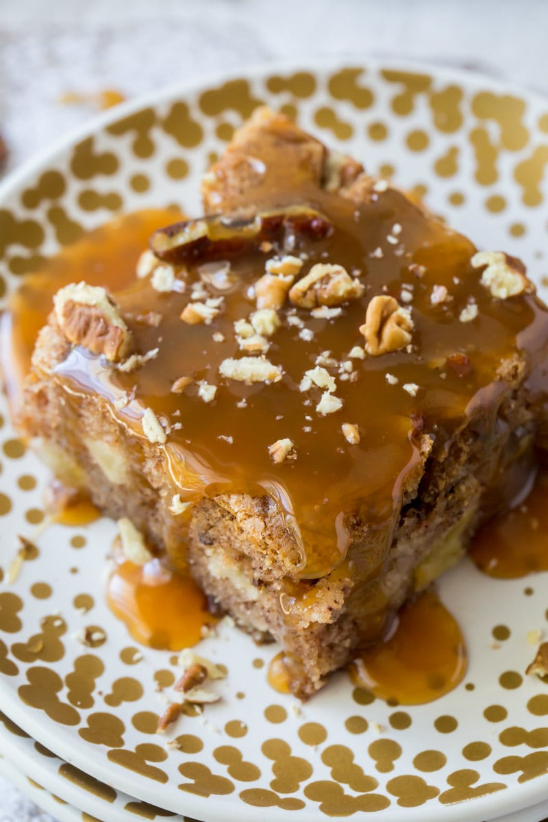 Apple Cake topped with Hot Caramel Rum Sauce
