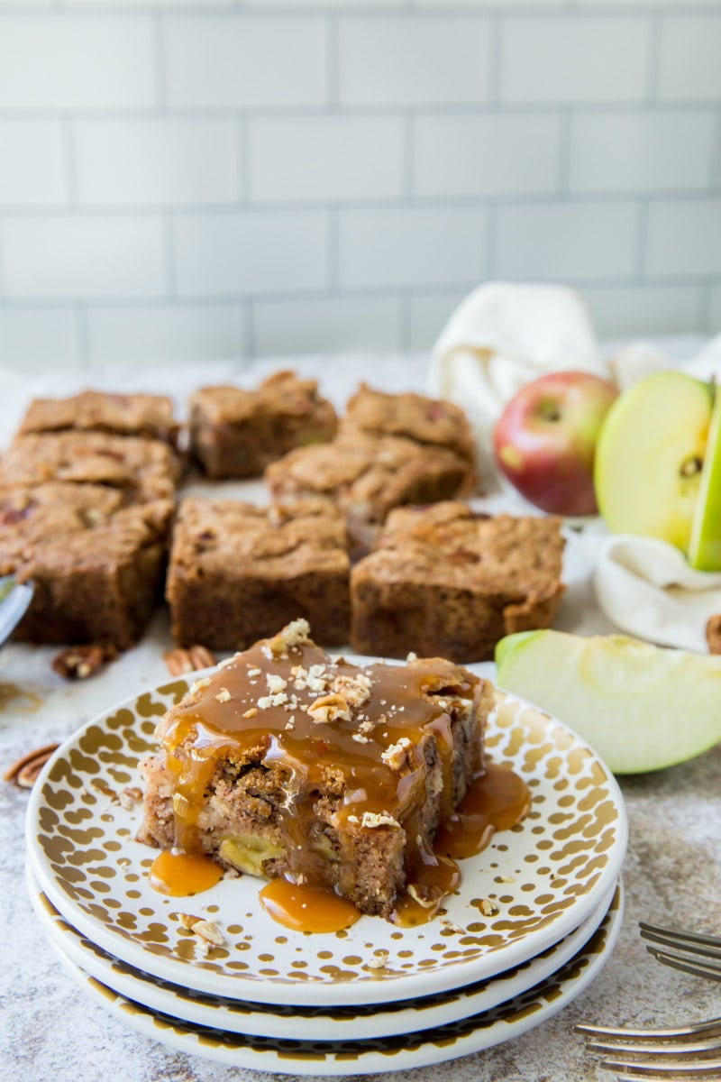 Apple Cake topped with Hot Caramel Rum Sauce