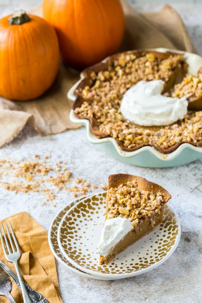 serving Pumpkin Pie with Toffee Walnut Topping