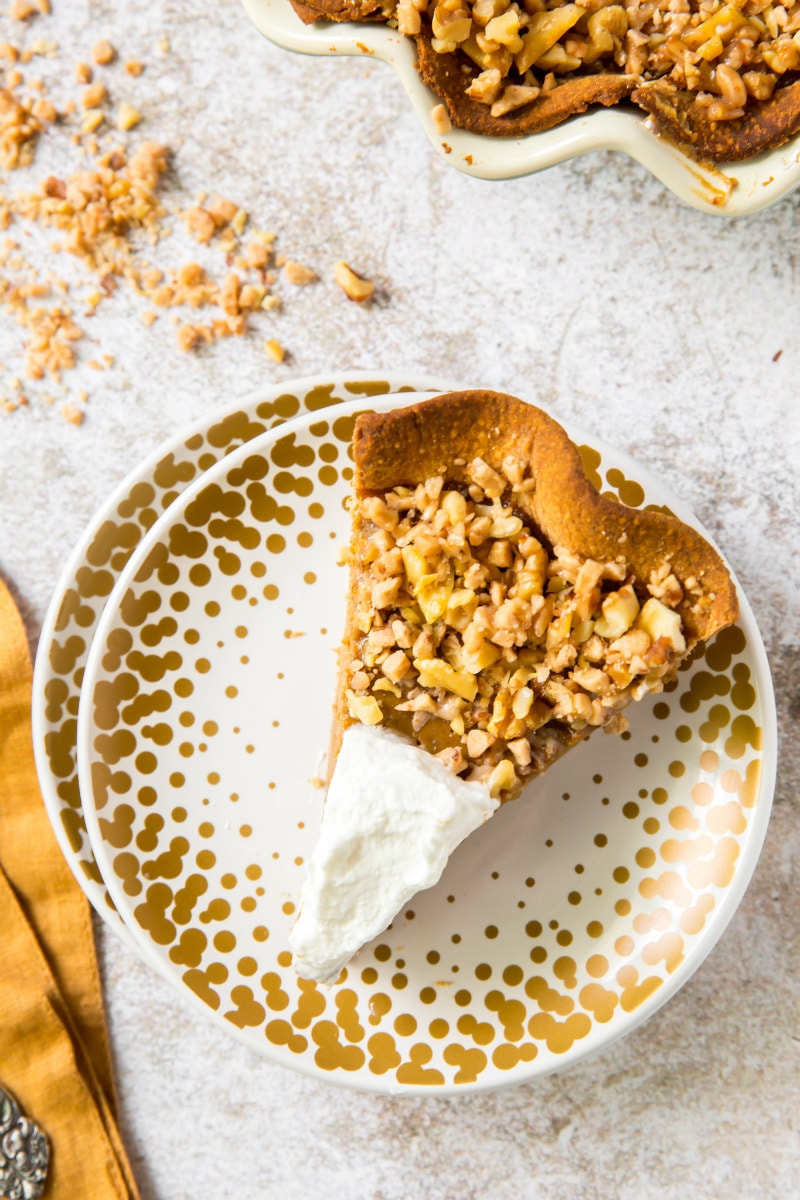 Slice of Pumpkin Pie with Toffee Walnut Topping