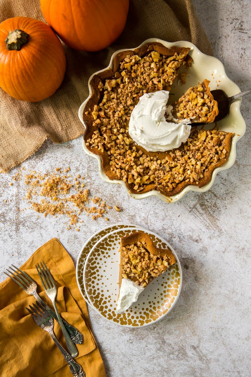 serving Pumpkin Pie with Toffee Walnut Topping