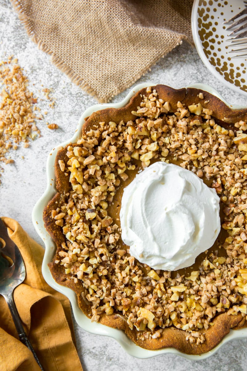 Pumpkin Pie with Toffee Walnut Topping