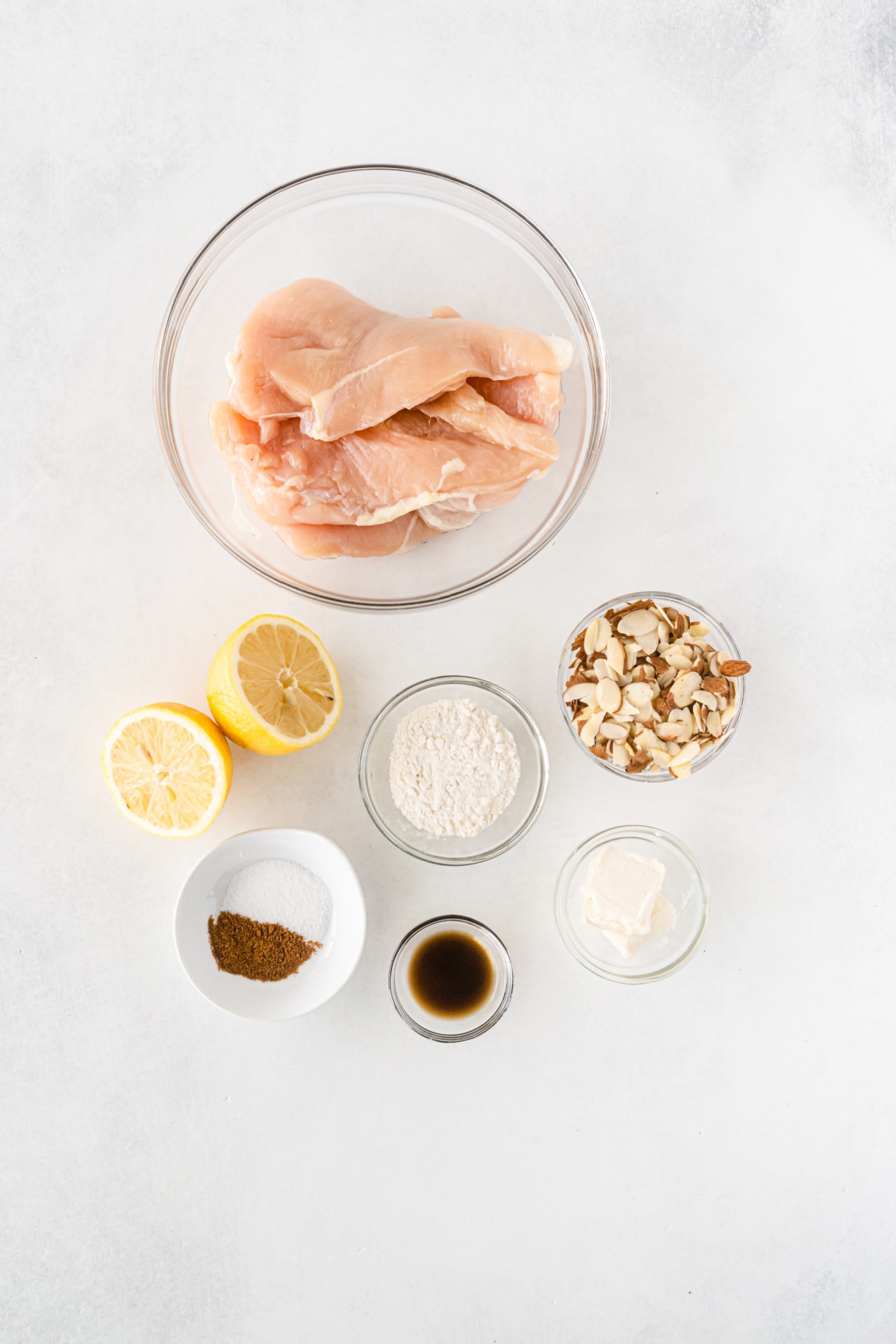 ingredients displayed for making chicken with almond butter