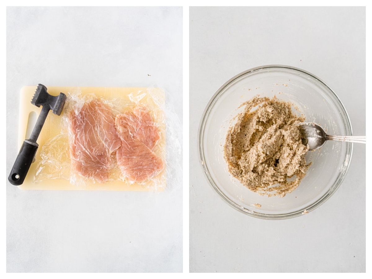 two photos showing pounded chicken and bowl of almond butter