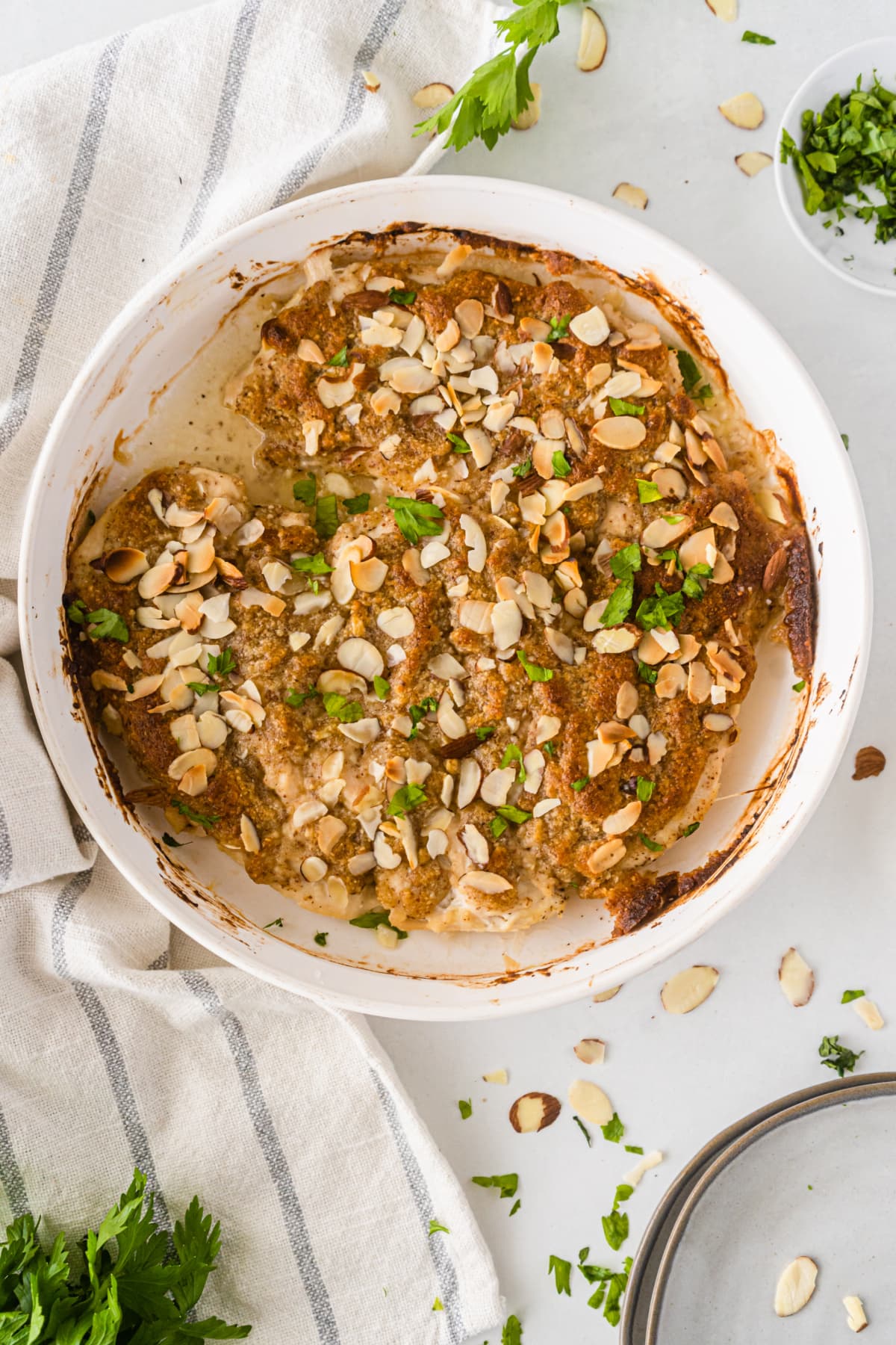 casserole dish of chicken with almond butter