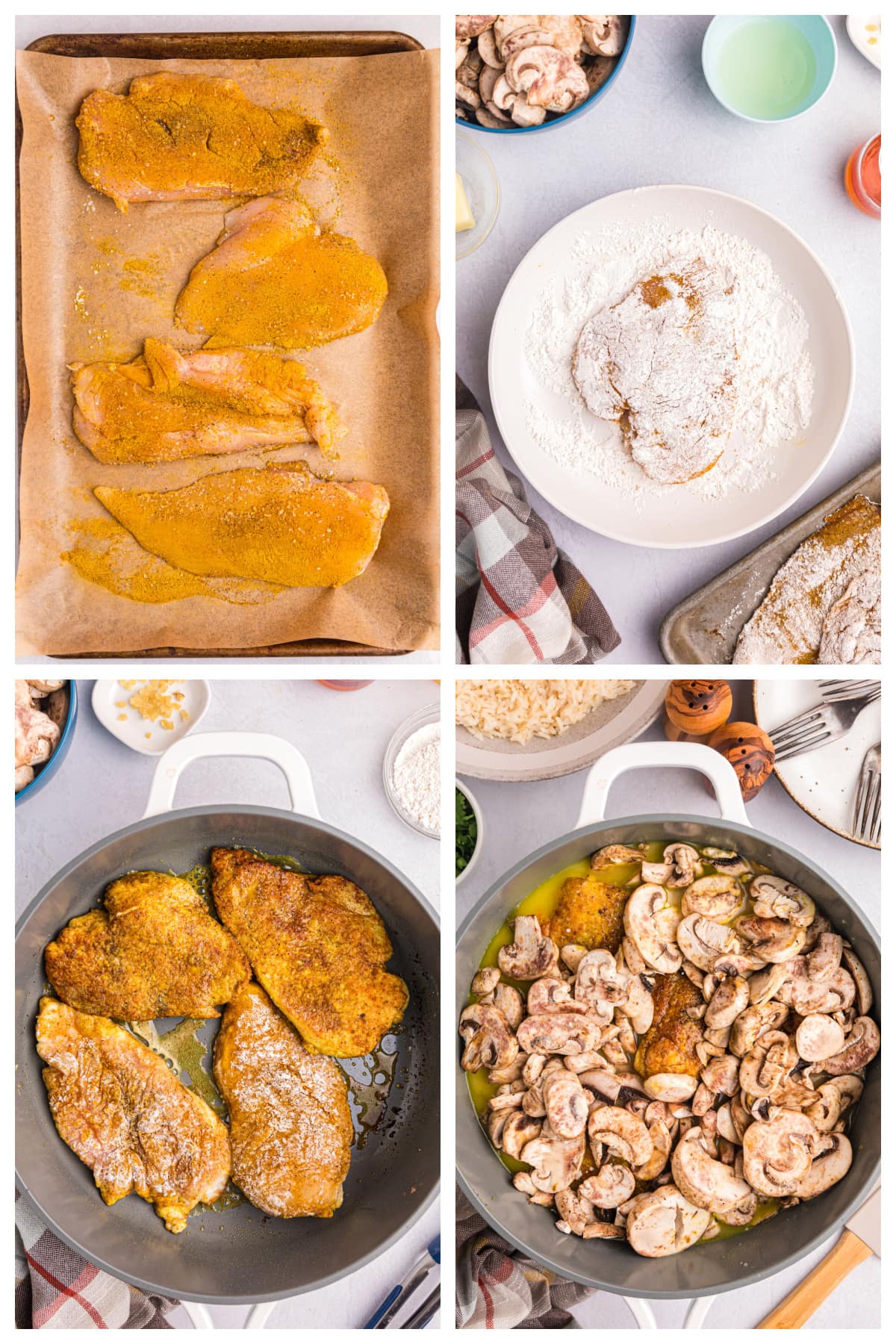 four photos showing how to make amaretto chicken