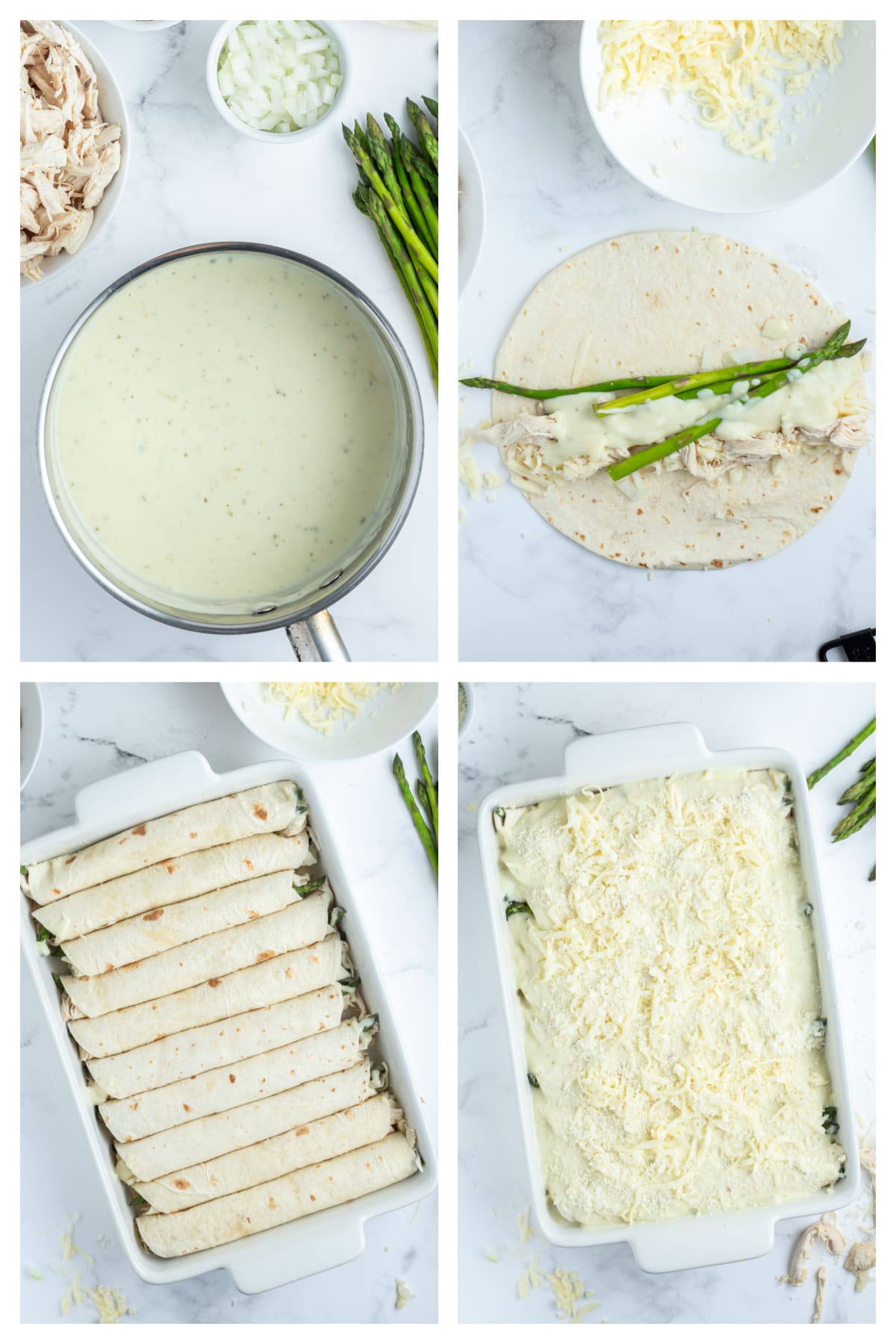 four photos showing how to make asparagus and chicken enchiladas