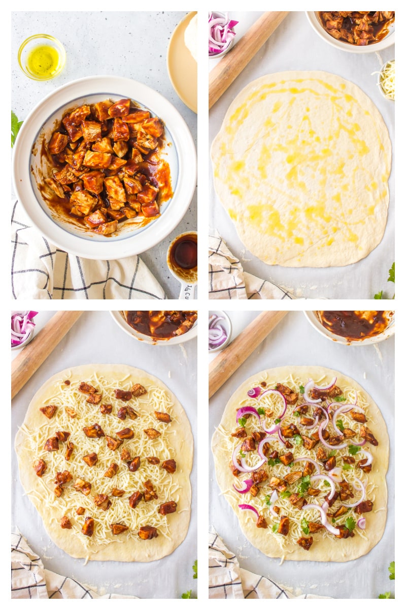 four photos showing how to make barbecue chicken pizza