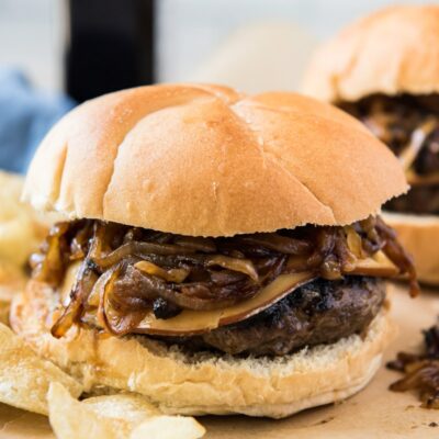 bacon bit burger served with potato chips