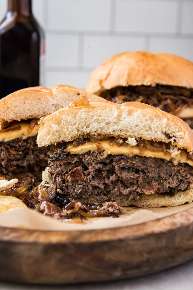 bacon bit burgers cut in half to reveal the inside of the burger