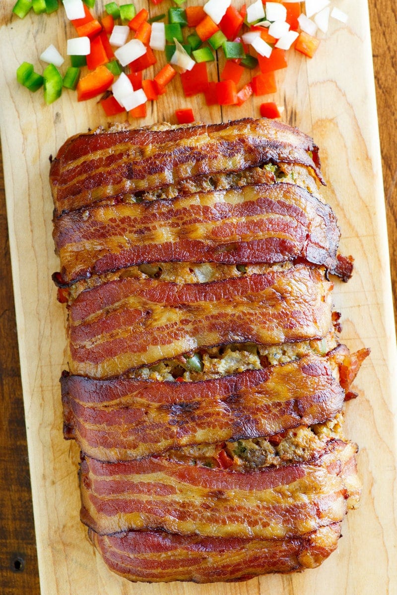 Bacon Wrapped Meatloaf on a board